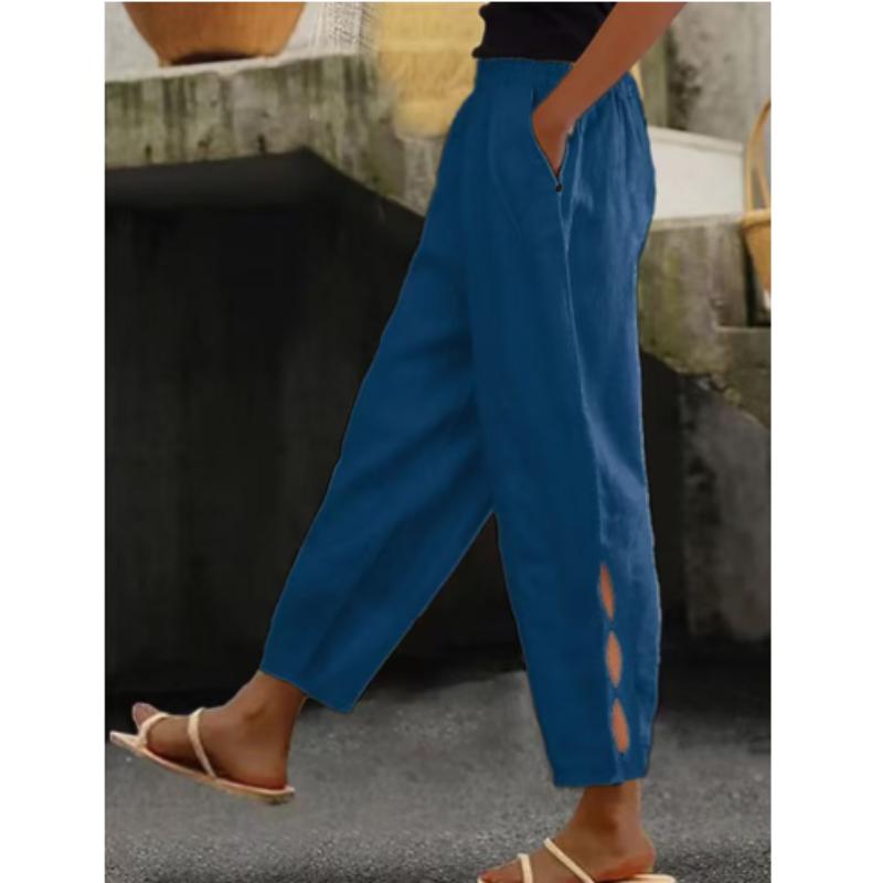 

Новые женские брюки хлопок лен однотонные модные повседневные брюки с боковыми карманами на пуговицах с вырезами 2XL темно-синий