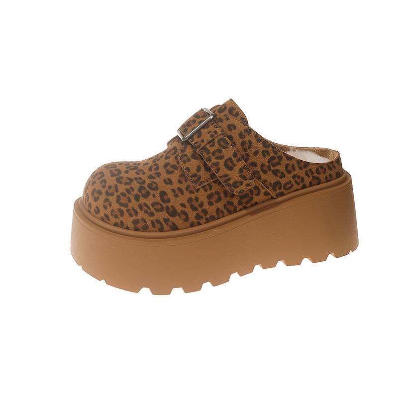 Leopardí baleríny Dámské pantofle na platformě Semišové pantofle Zimní plyšové bavlněné boty Vysoké podpatky Žabky Trend Slingback Zapatos Mujer