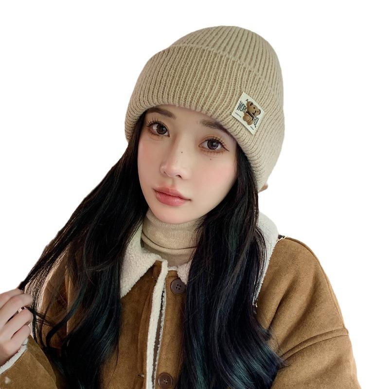 New Korean Version Autumn and Winter Hat for Women Cute Bear Knitted Wool Hat Solid Color Versatile Winter Windproof and Warm Hat Trend