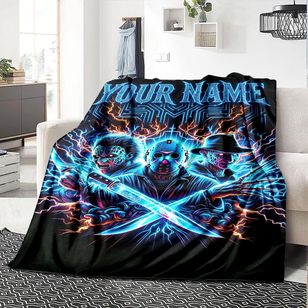 Name Custom Horror Themed Print Flannel Blanket High Quality Warm Comfortable Cover for All Seasons Perfect for Gifts Home Decor