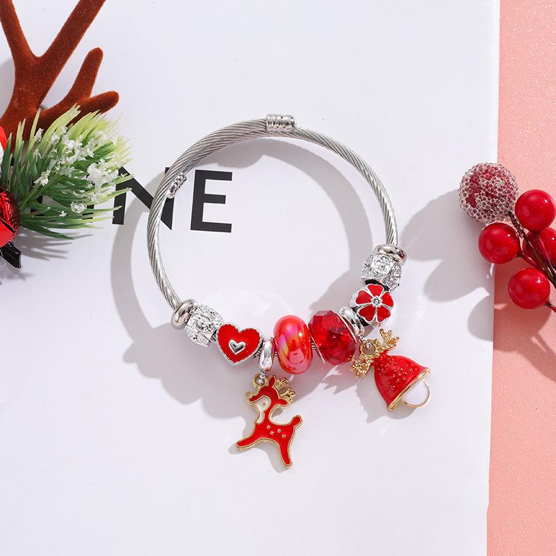 Christmas Themed Stainless Steel Bracelet For Girls With Snowflake Reindeer Crystal Beads And Tree Charm Gift
