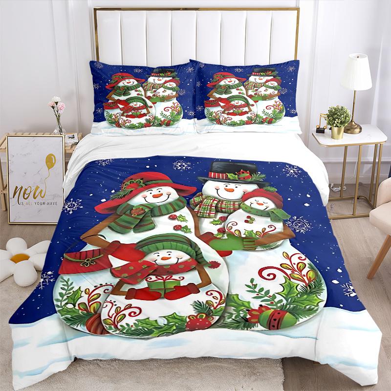 3pcs Christmas Snowman Family Decorative Bedding Set, Includes One Quilt Cover and Two Pillowcases (No Core), Gift for Home Décor, Anime Cartoon