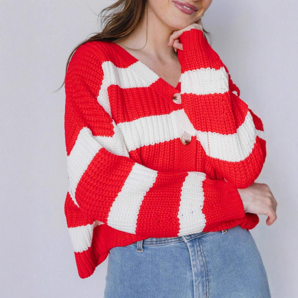 New Autumn and Winter Women's Casual Striped Long-sleeved V-neck Loose Knitted Cardigan Sweater