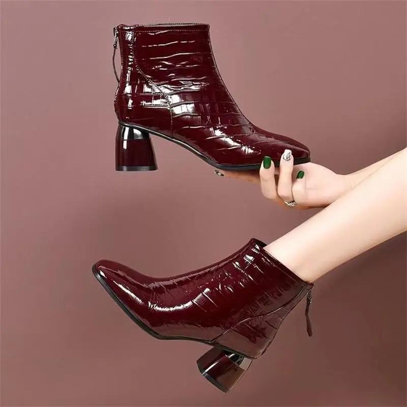 European American High Heel Lacquer Leather Pu Short Boots Women'S New Luxury Design Single Shoes Autumn Winter Large Size