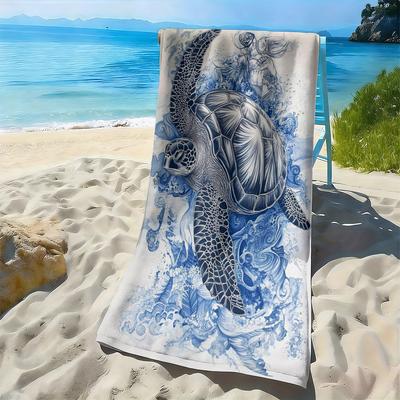 Ocean Turtle Wave Pattern Polyester Microfiber Beach Towel Is Highly Absorbent, Suitable for Swimming and Beach Outings