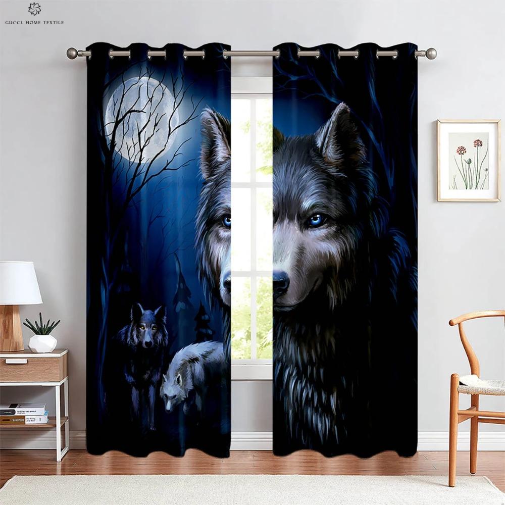 Wolf Under The Starry Sky 3d Printed Curtains For Children's Room, Bedroom, Living Room, Kitchen Curtains 2 Pieces Easy To Wash