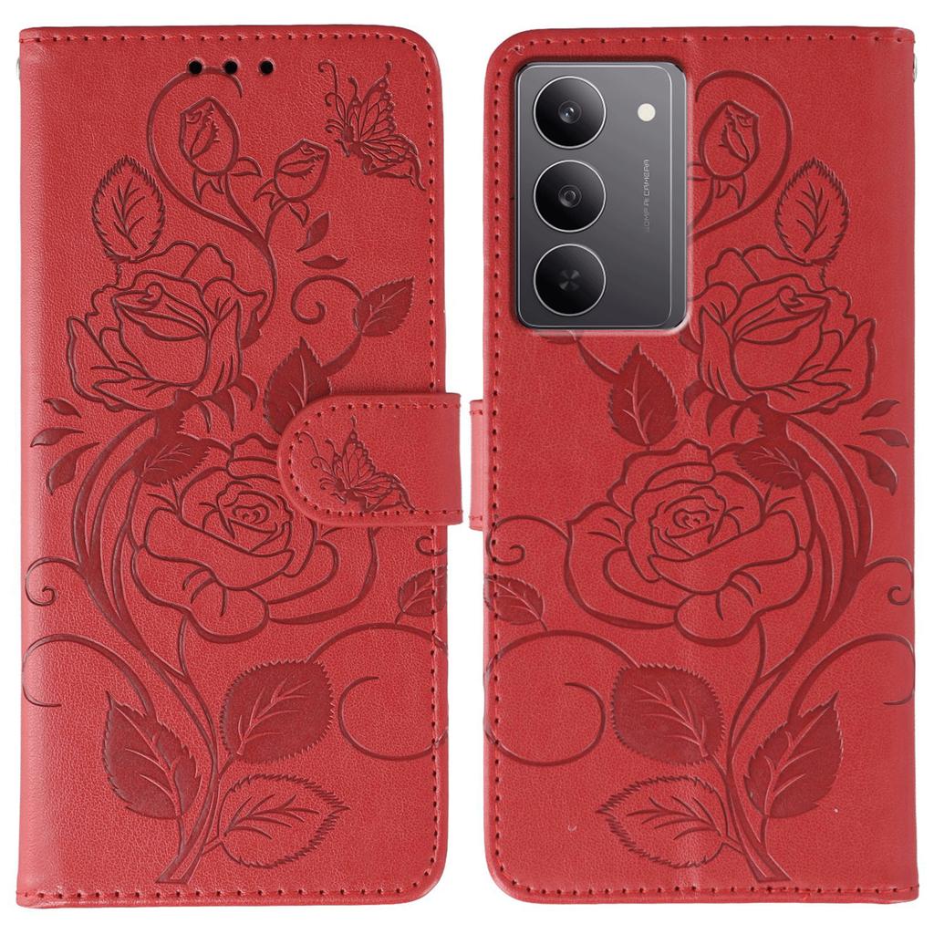 For Realme 14x (India) 5G Case Wallet Stand Imprinted Rose Butterfly PU Leather Phone Cover