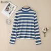 Women Turtleneck Casual Long Sleeve Stripe Blouse
