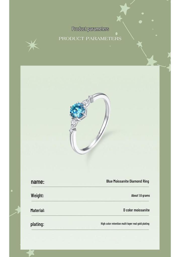 Blue Moissanite and Small Diamond Pave Ring In 925 Silver - Women's Light Luxury Gemstone Index Ring