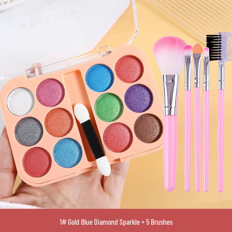 Asha Ruya Shimmering 12-Color Eyeshadow Palette - Student Stage Makeup, Pearlescent Glitter, Blue/Green/Purple.