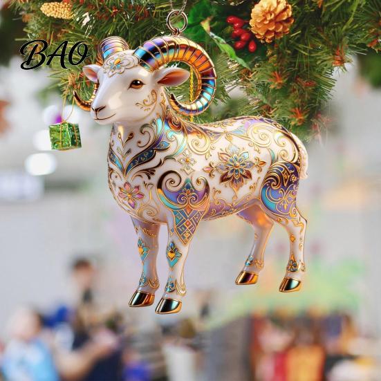 Christmas Tree Decor 2D Acrylic Goat Ornament, Farm Animal Car Rearview Mirror Collectible Charm, Auto Interior Hanging Pendant for Tree, Home Window