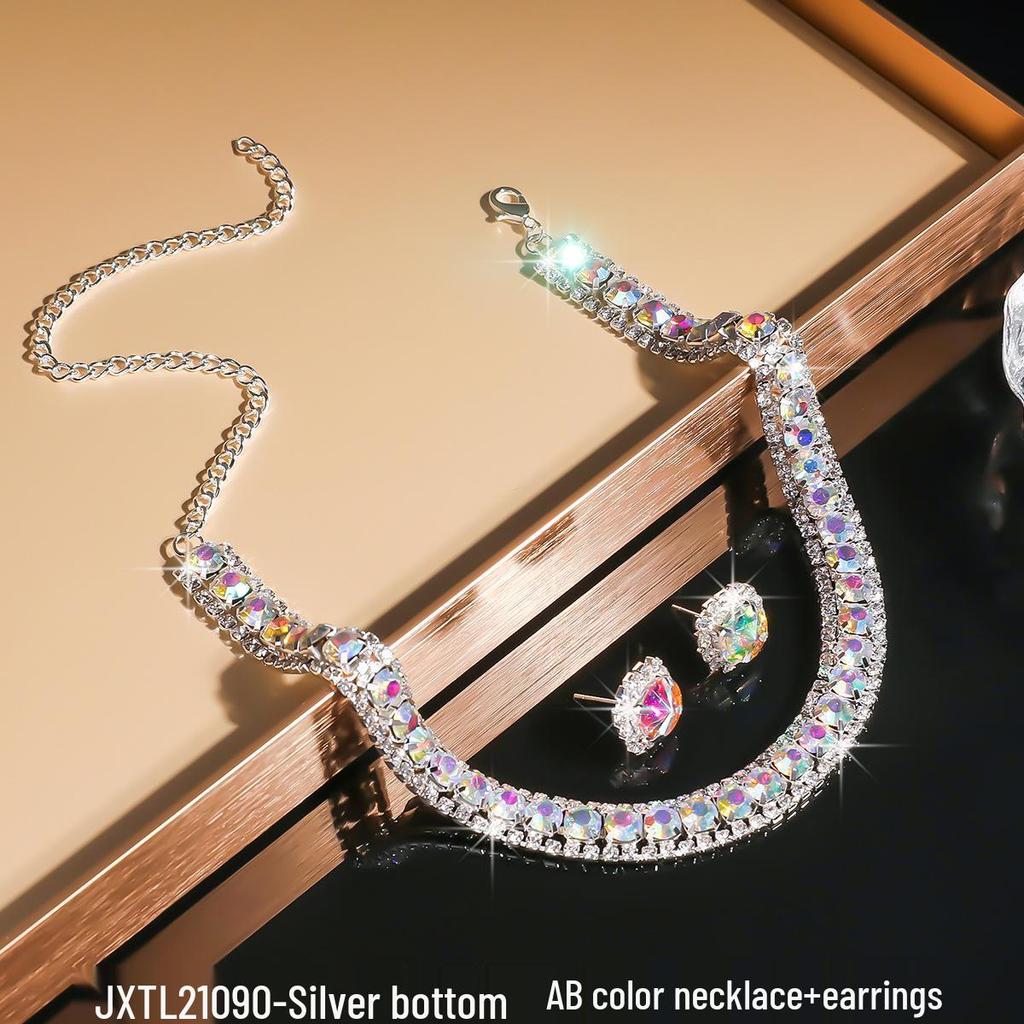 European & American Green Blue Choker Necklace & Stud Earrings Set for Women - Ideal for Weddings & Evening Dresses