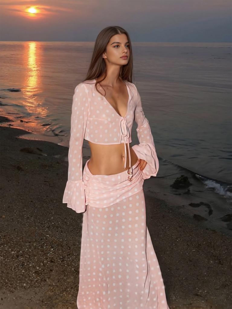 Sexy Rosa Gepunkteter Zweiteiler Badeanzug Überwurf 2025 Sommer Damen Glockenärmel Oberteil Langer Strandrock Set Clubkleid K198