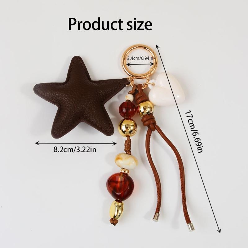 Bag Charm Keychain With Star Pendant Beaded Cord and Gold Tone Detail for Keys Daily Bags Purse Decoration and Daily Carry Styling Use