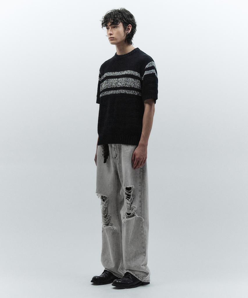 INSILENCE Striped Crew Neck Knit Black