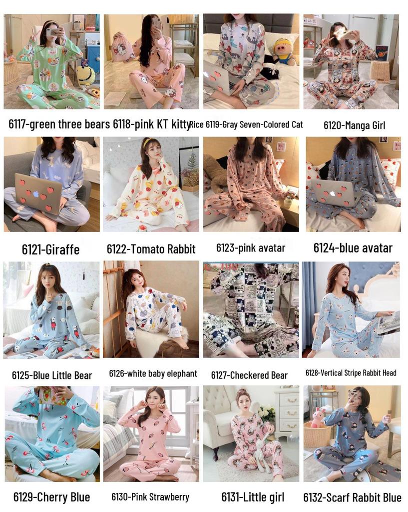 Women's Long-Sleeve Cartoon Pajama Set - Cute Korean Style Homewear for Autumn, Winter, Spring - Plus Size Available