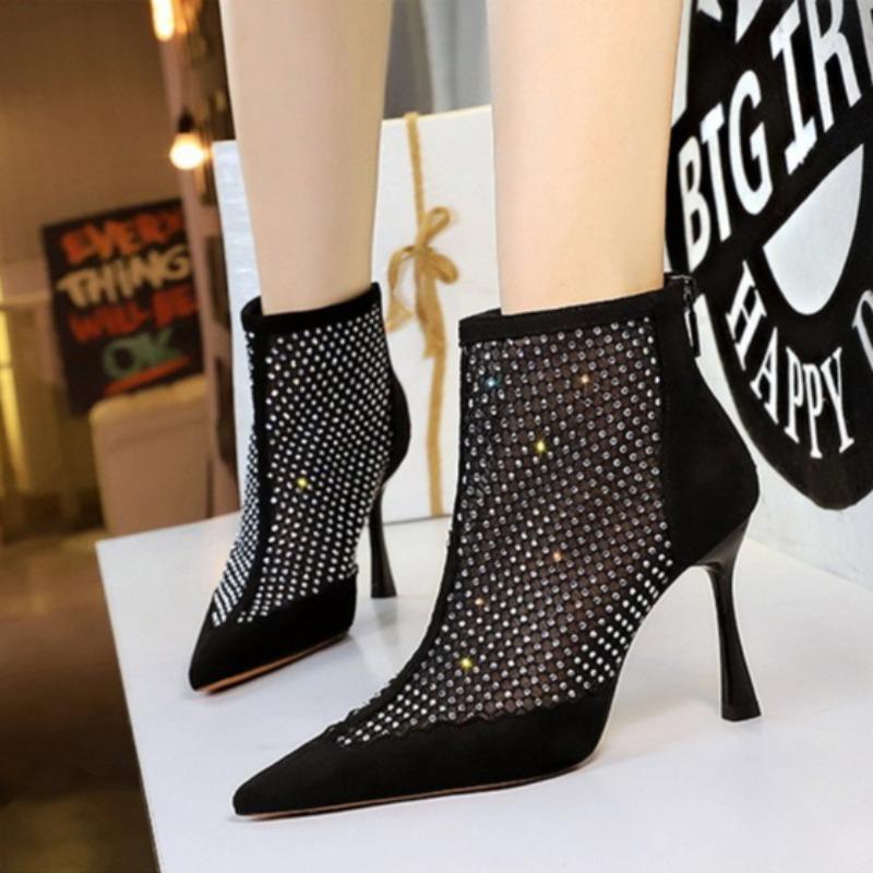 Women'S High Heel Short Boots Women'S Suede Splicing Mesh Rhinestone Rear Women'S Shoes Fashion Fine Heel Pointed Single Boots