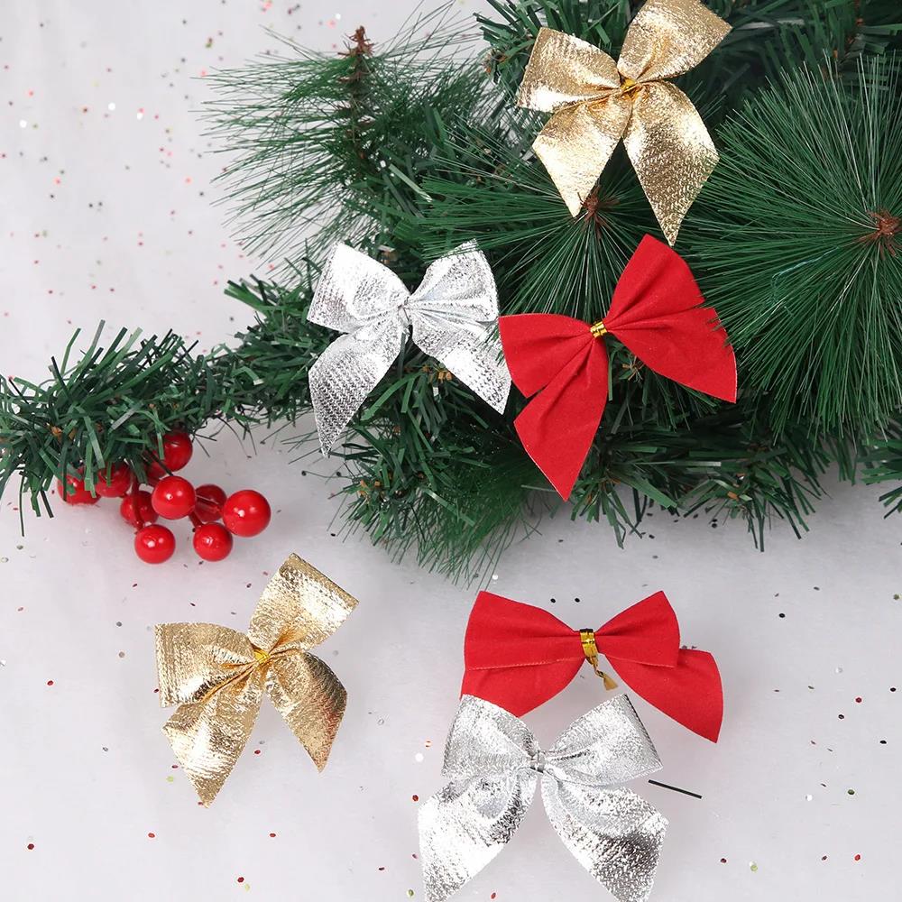 10/50pcs Christmas Bow Red Gold Mini Xmas Tree Bowknot Pendant Ornaments for Home Decoration Navidad New Year Party DIY Gifts