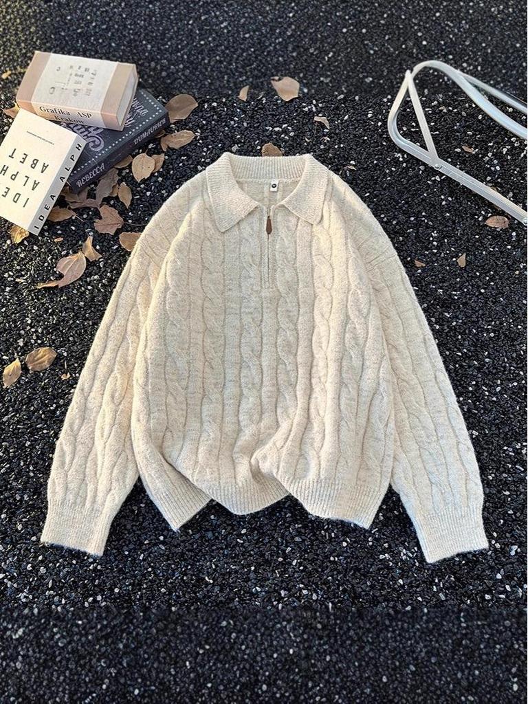 Men's Retro Cable Knit Half-Zip Sweater - Autumn Trendy, Lazy Style, American Casual Polo