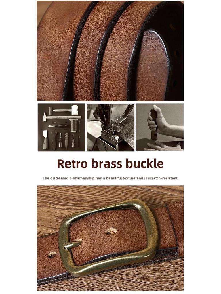 Męski modny pasek ze skóry retro szczotkowanej ręcznie z miedzianą klamrą szpilkową