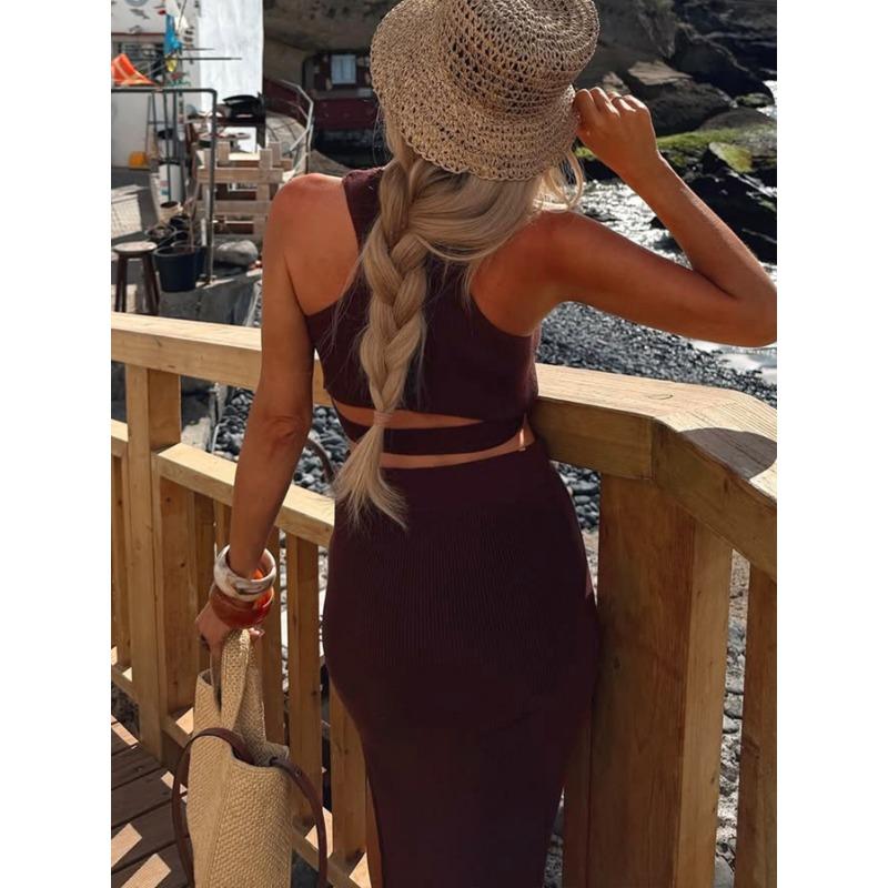 Women Casual Solid Color Sleeveless Cropped Top Slit Midi Skirt Two Piece Set