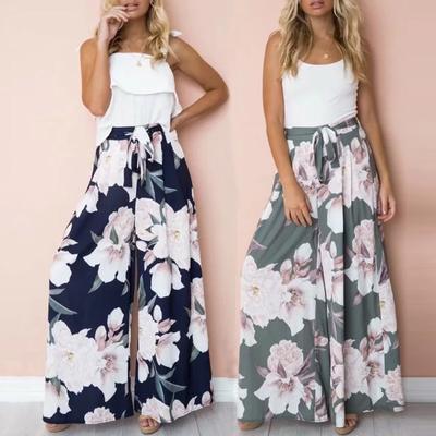 Pantalon Palazzo pour femmes, imprimé Floral géométrique, taille haute élastique, ceintures, jambes longues, amples, jupe-culotte Maxi