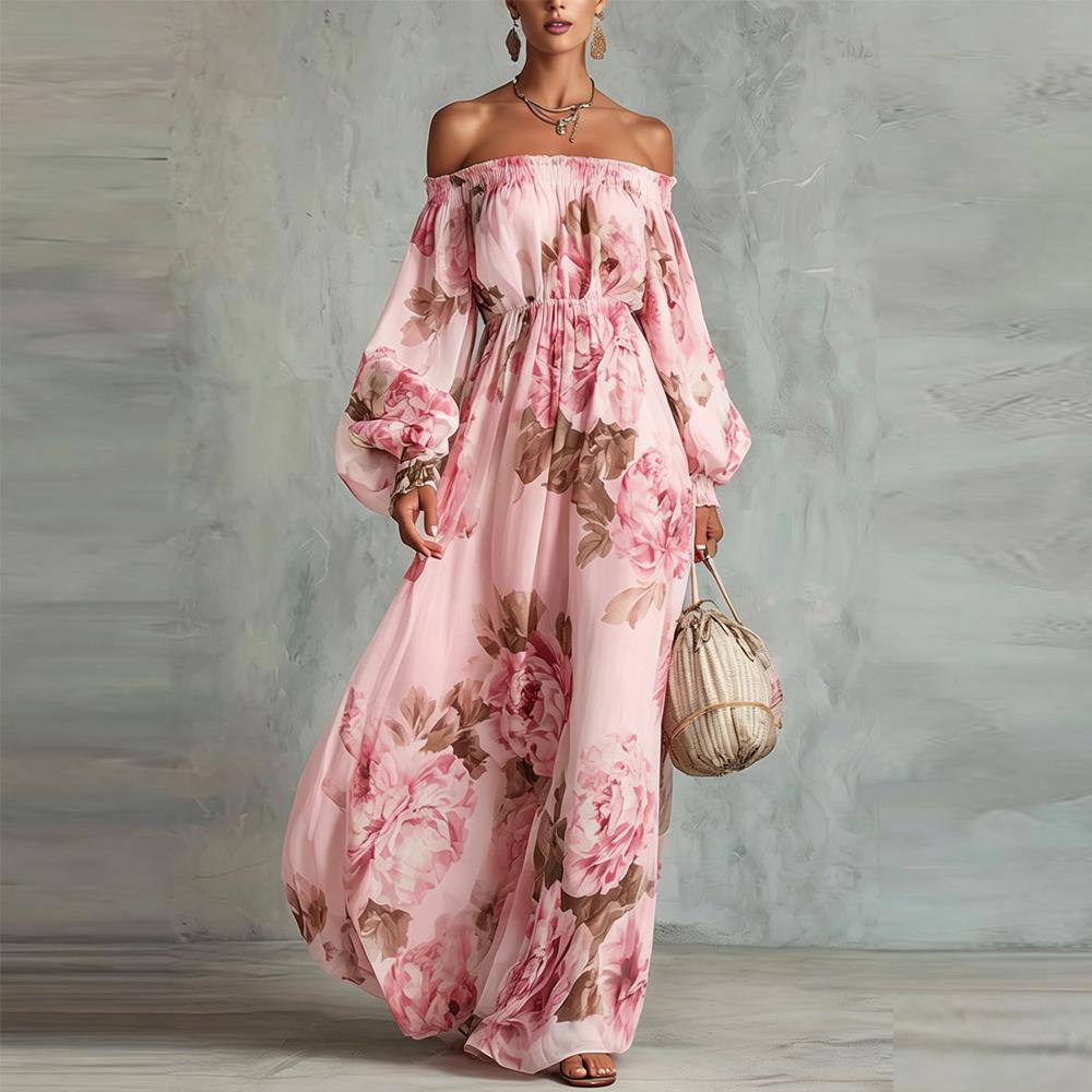 European & American 2026 Fashion Print One-Shoulder Lantern Sleeve Elegant Dress