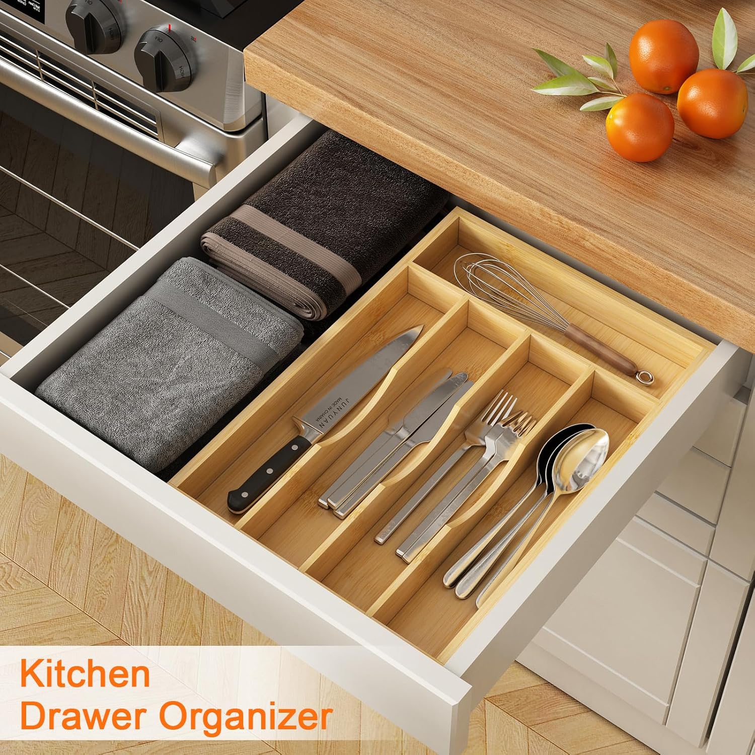 Bamboo Utensil Organizer for Kitchen Drawers Utensil Tray and Cutlery Silverware HolderWood Drawer Dividers with 5 Slots 5690₽