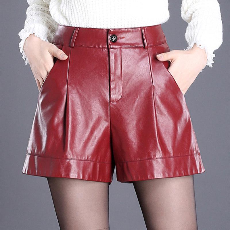 

Women s High-Waisted Wide-Leg PU Leather Shorts - A-Line, Slimming, Bootcut, Plus Size, for Spring/Autumn Casual Wear. M for 90-100 lbs