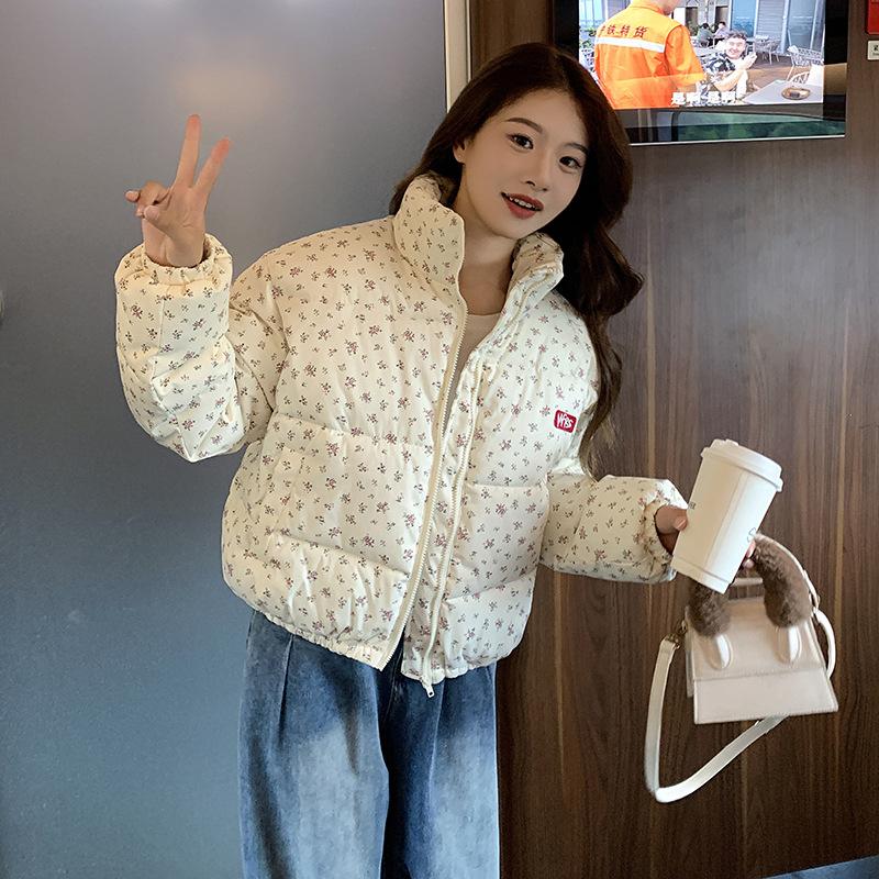 Cotton Clothes for Women Short Loose Down Cotton Clothes for Autumn and Winter Thickened Stand Collar Small Floral Cotton Jacket