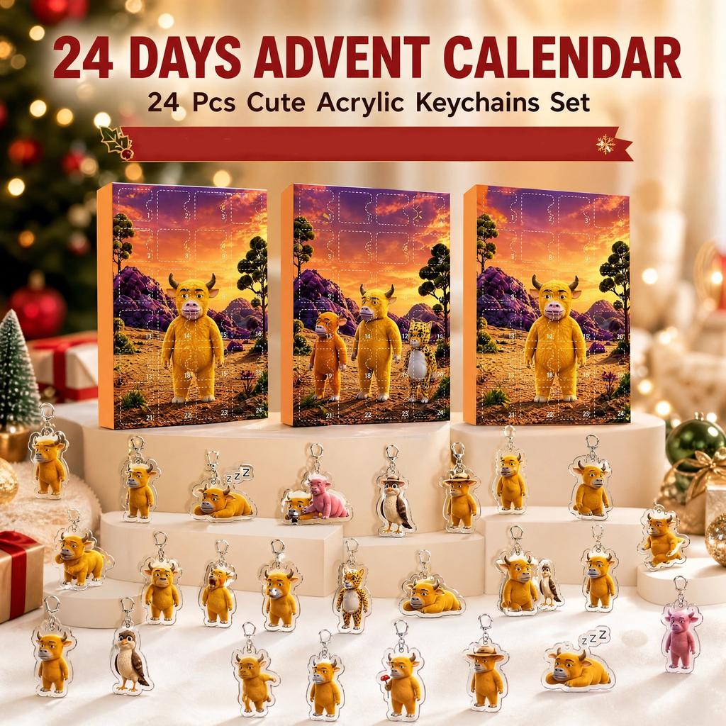 Day Christmas Advent Calendar with 2D Acrylic Keychains Cow-Themed Surprise Box Set