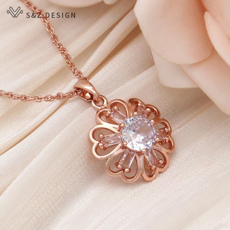 Mode Roséguldfärg Runda Kubiska Zirkonia Blommor Hängande Örhängen Smyckesset För Kvinnor Hängsmycke Halsband