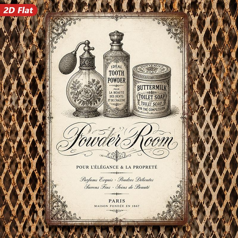 Vintage Powder Room Metal Sign with Perfume Bottle, Tooth Powder, and Buttermilk Soap