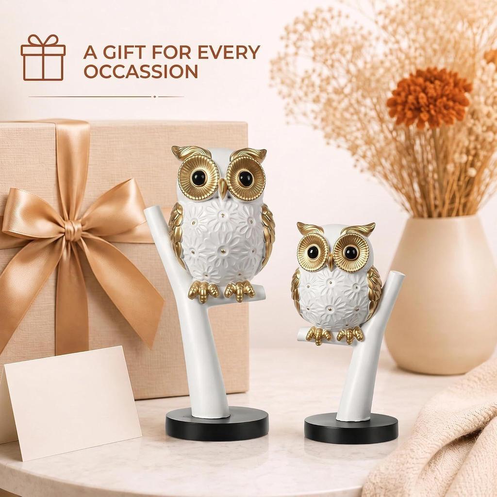 Elegant White & Gold Owl Showpiece Set – Modern Home Décor