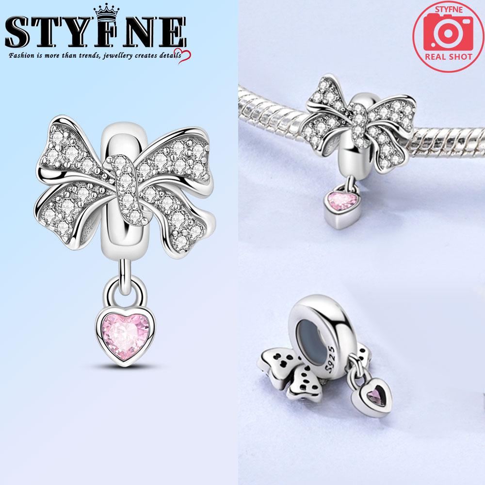 Copper Bow Charms Copper Pink Heart-Shaped Bow Pendants Charms Beads Fit Original Bangle Bracelets Diy Jewelry