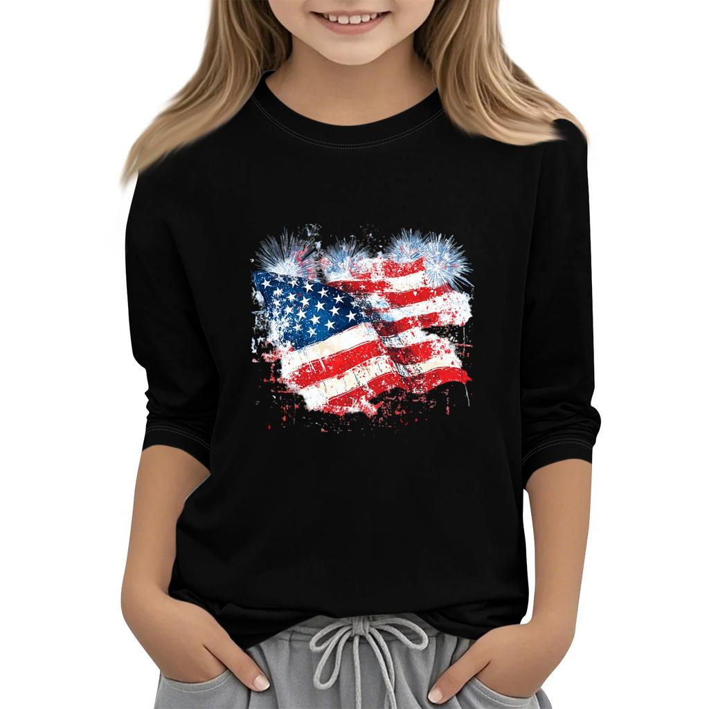 Kinder-T-Shirt mit Rundhalsausschnitt, Dreiviertelärmeln und Dreiviertelärmeln zum Unabhängigkeitstag