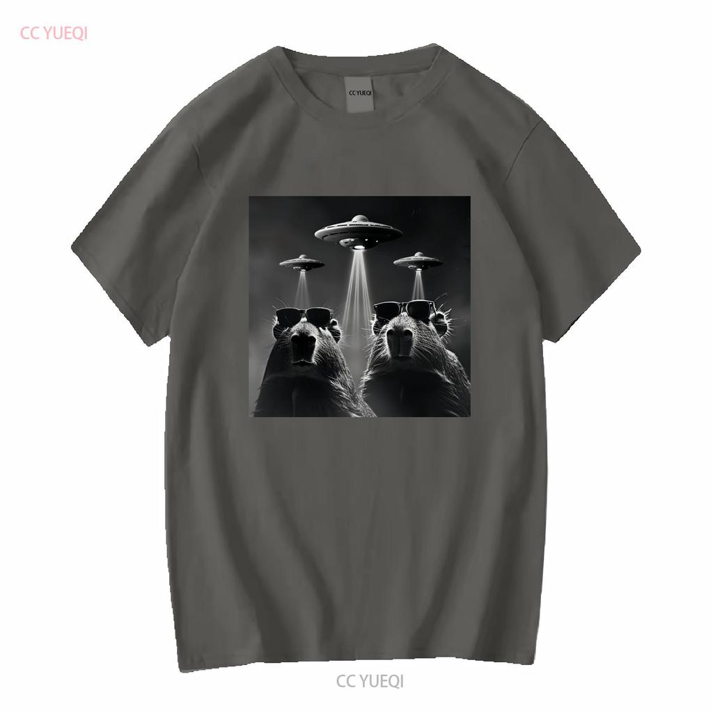 Capybara T Shirt Retro Selfie with UFO Funny Alien Plus Size 5xl 4xl 3xl Long or Short Sleeves Vintage Washed Stylish