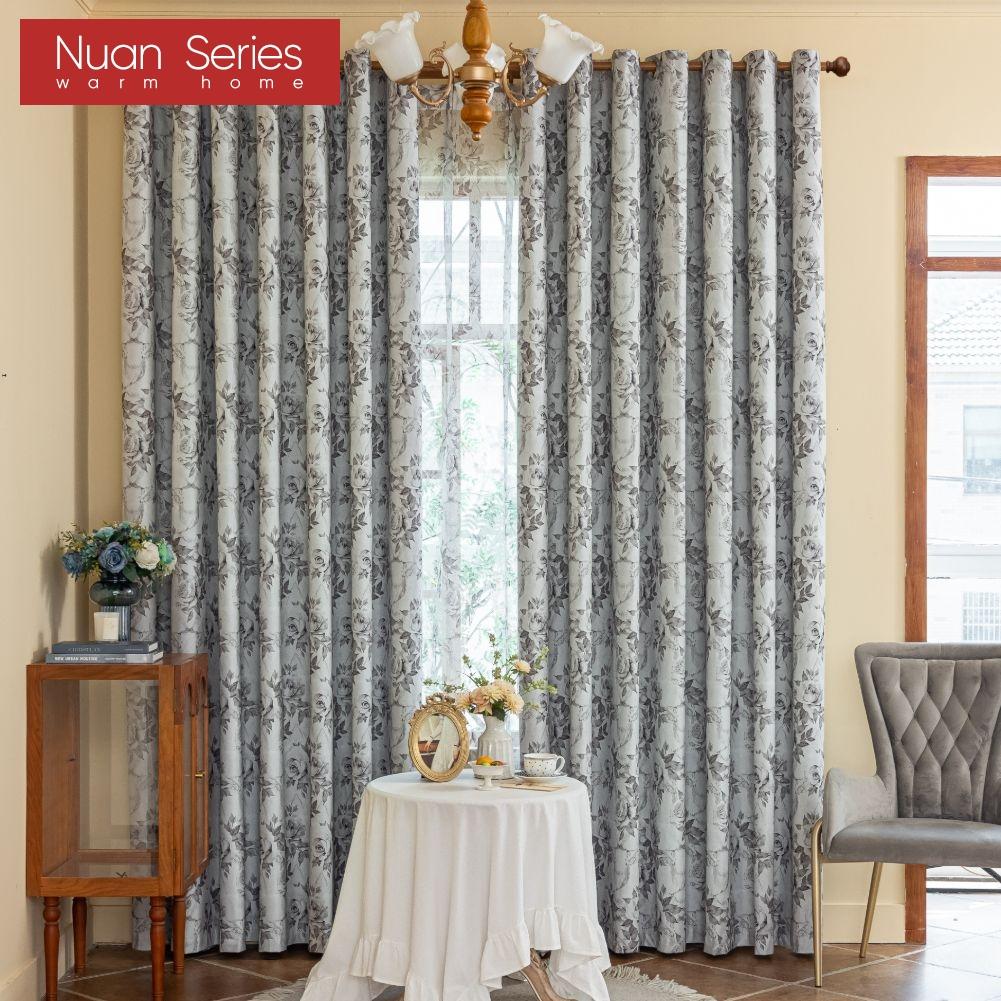 1 Stück Nuan Serie Modischer Französischer Retro-Stil Grau Rosa Bedruckte Vorhänge Vollverdunkelungsvorhänge für Schlafzimmer Wohnzimmer Balkonfenster zur Heimdekoration