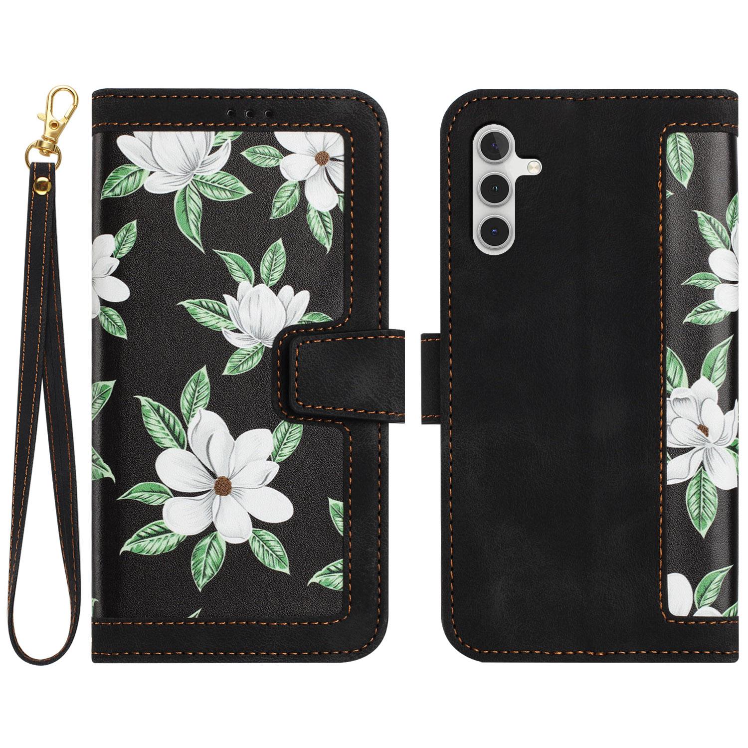 

For Samsung Galaxy A55 5G Phone Leather Case Card Holder with Flower Pattern Black