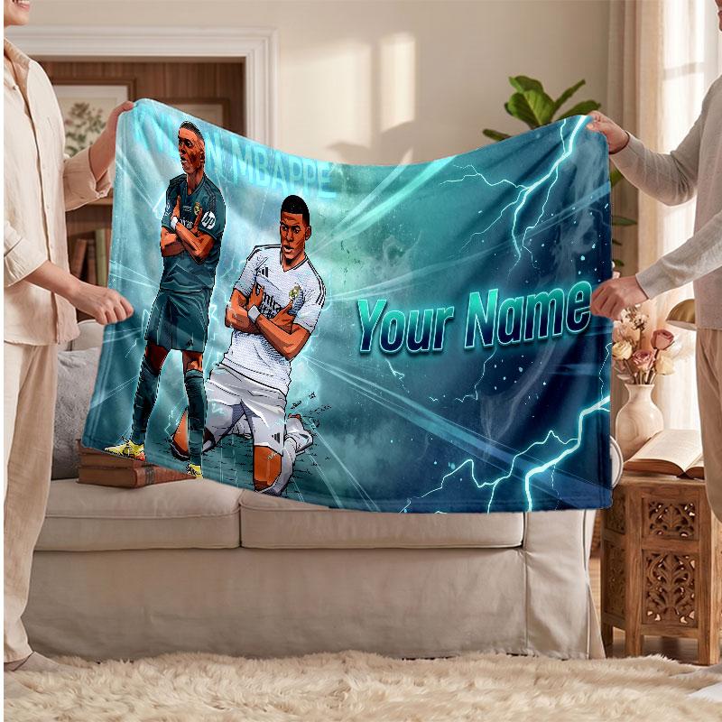 Kylian Mbappe Personalized Fleece Blanket With Football Logo, Custom Name Text Soft Warm Home Throw Blanket