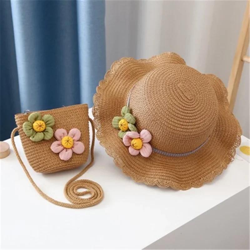 

New 2 pcs Summertime Cute Children Straw Hat and Shoulder Bag Girls Outdoor Beach Cap Cute Bow Travel Beach Sun HatCrossbody Bag 48-52CM