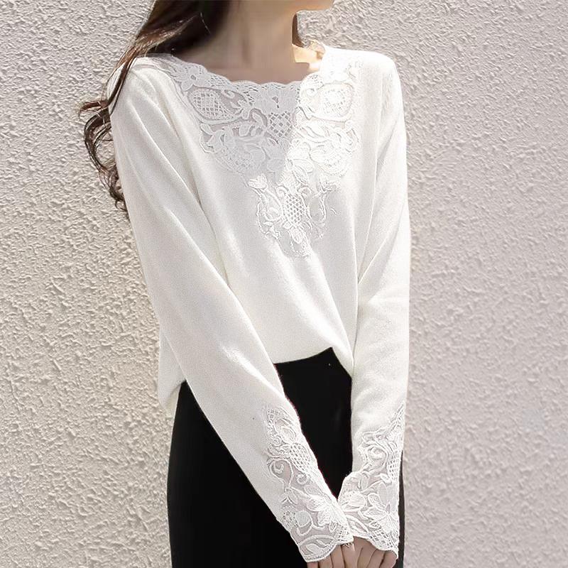 

ZANZEA Женские повседневные кружевные футболки с круглым вырезом и длинным рукавом XL белый