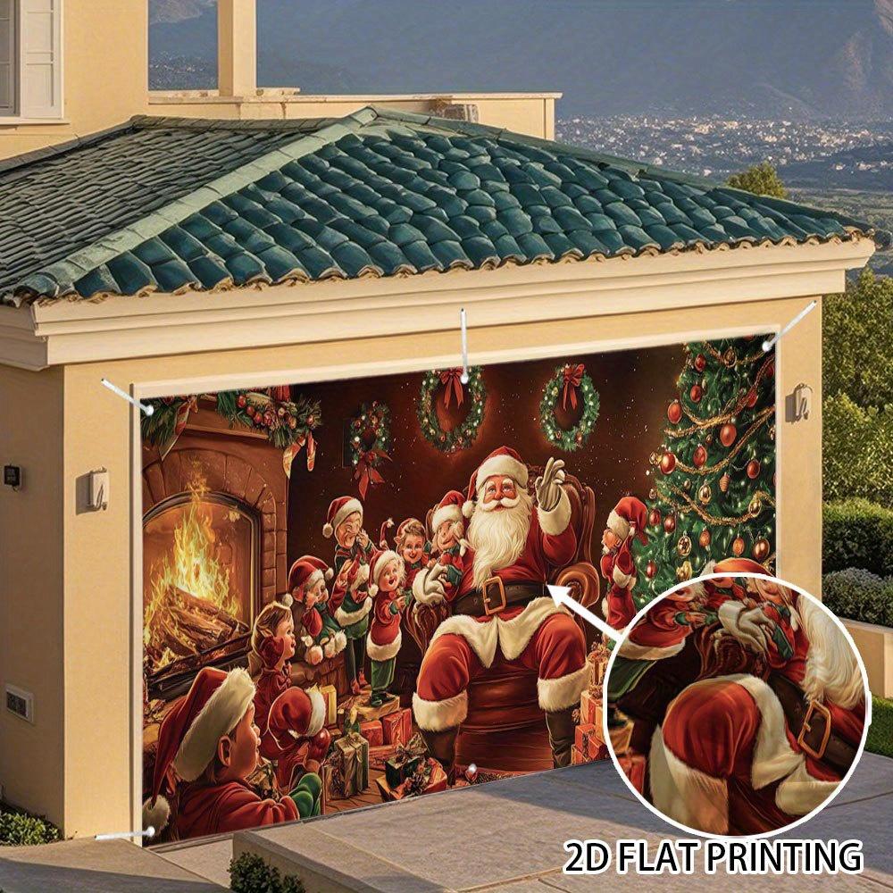 2D Türvorhang-Banner 1 Stück Vintage Weihnachts-Garagentor-Dekoration - Weihnachtsmann, Elfen und Kamin-Szenen mit Geschenken