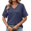 Solid Color V Neck Lace Splicing Loose Short Sleeve Casual T Shirt Top