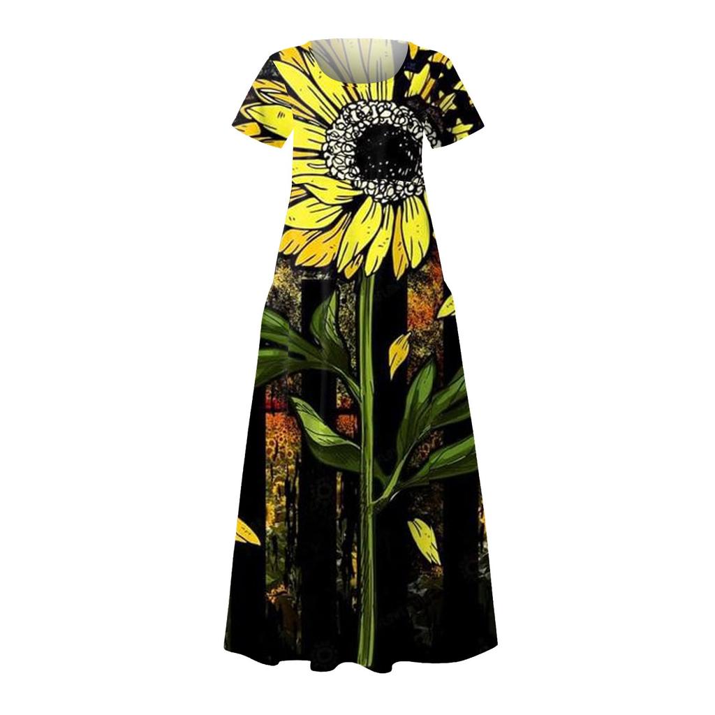 Women's Summer Loose Crewneck Sunflower Print Short Sleeved Large Swing Dress With Pocket