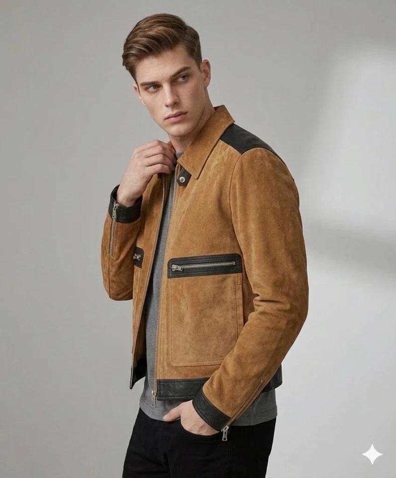 Men's Stylish Tan Biker Handmade Suede Lambskin Leather Jacket Genuine Soft Fit