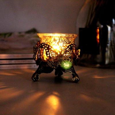 Večeře Atmosféra Dekorace Železný Kalíšek na Čajovou Svíčku Vintage Sklo Starý Vyřezávaný Dutý Svícen