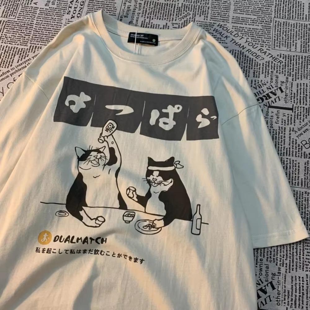 Original Japanese Retro Cat Print Pure Cotton Short Sleeved T-shirt For Men's Women's Trendy Street Loose Couple T-shirt