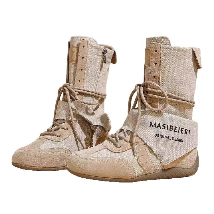 Grape Mother Studiolee Height Increased by 4cm~ Wasteland Wind Triangle Towel Strap Medium Tube German Training Boxing Boots Women