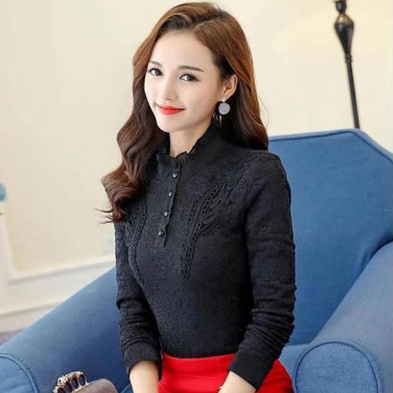 Plush Thickened Long Sleeve Lace Shirts Women's Autumn Winter Slim Fit Tops Large Size Warm Blouses